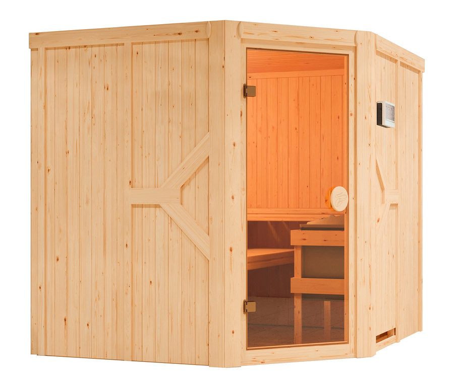 Karibu-Sauna »Brianna« mit Eckeinstieg, inkl. 9-kW-Ofen »Finnisch«, ca. 196 x 196 cm.