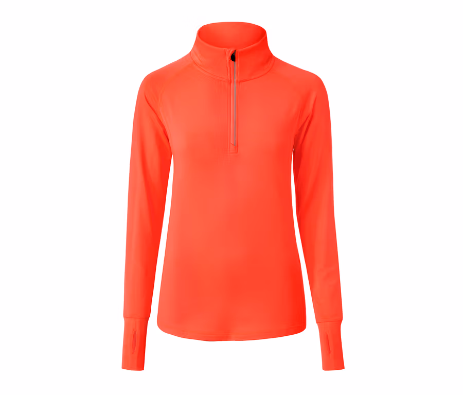 Neon-orangefarbenes Thermo-Funktionsshirt mit langen Ärmeln, Reißverschluss am Hals und Daumenlöchern.