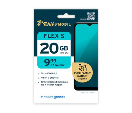 Die Tchibo Mobil FLEX S Werbung zeigt 20 GB inklusive 5G für 9,99€ pro 4 Wochen. Unten steht „Flex Family Rabatt kompatibel“.