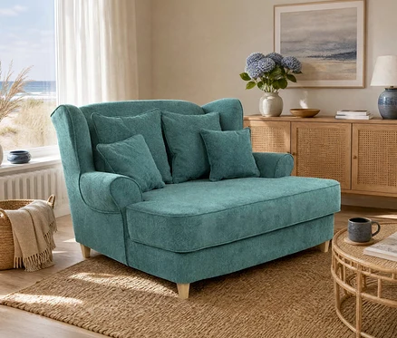 Ein türkisfarbenes Chaiselongue-Sofa mit passenden Kissen steht auf einem Jute-Teppich in einem hellen Raum. Vor dem Sofa steht ein runder Rattan-Couchtisch. Ein Fenster links blickt auf einen Strand, rechts steht ein Holzschrank mit Lampe und Blumen.
