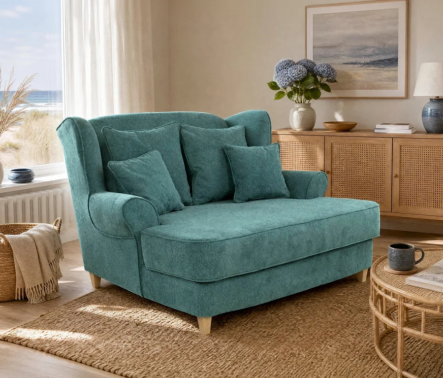 Ein türkisfarbenes Chaiselongue-Sofa mit passenden Kissen steht auf einem Jute-Teppich in einem hellen Raum. Vor dem Sofa steht ein runder Rattan-Couchtisch. Ein Fenster links blickt auf einen Strand, rechts steht ein Holzschrank mit Lampe und Blumen.