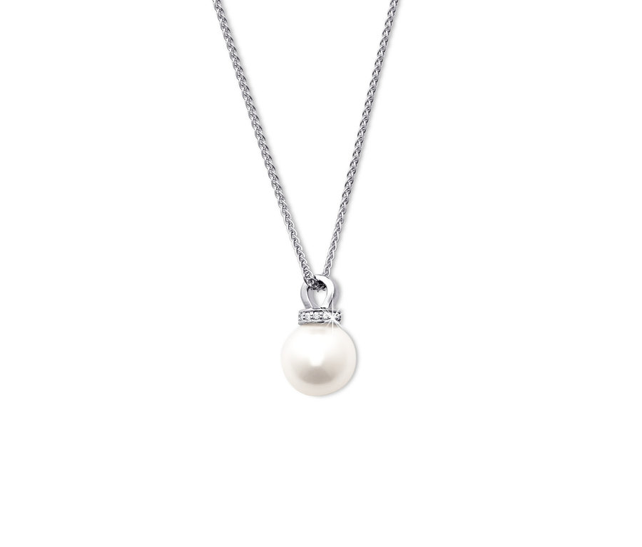 Silberkette mit Muschelkernperle und Zirkonia.
