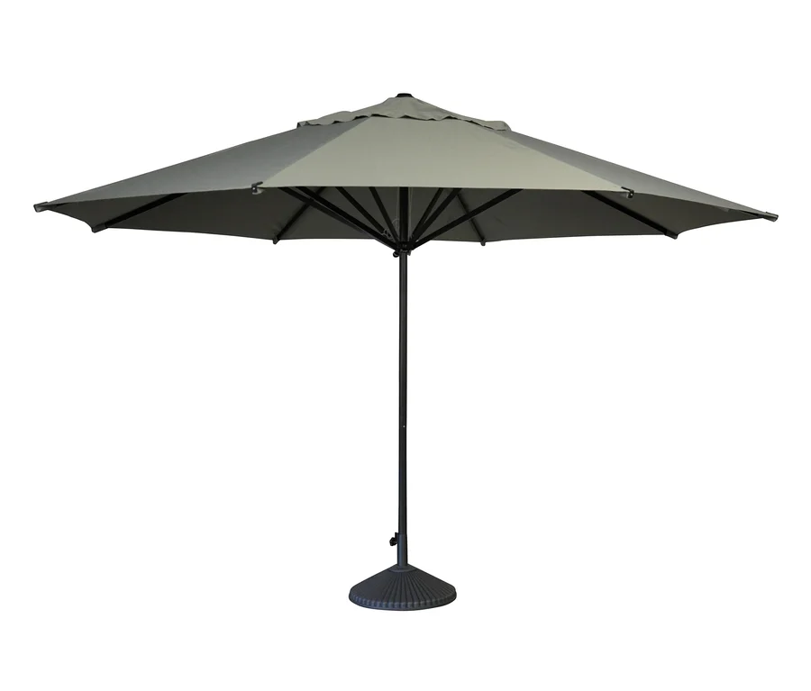 Ein grauer Leco-Aluminium-Sonnenschirm mit einem Durchmesser von 400 cm.