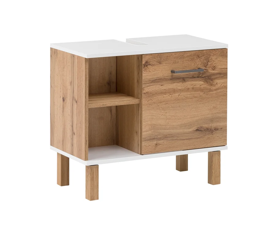 Schildmeyer-Waschbeckenunterschrank »WBU 650 Wido« in Holzoptik mit weißer Platte und offenen Regalen.