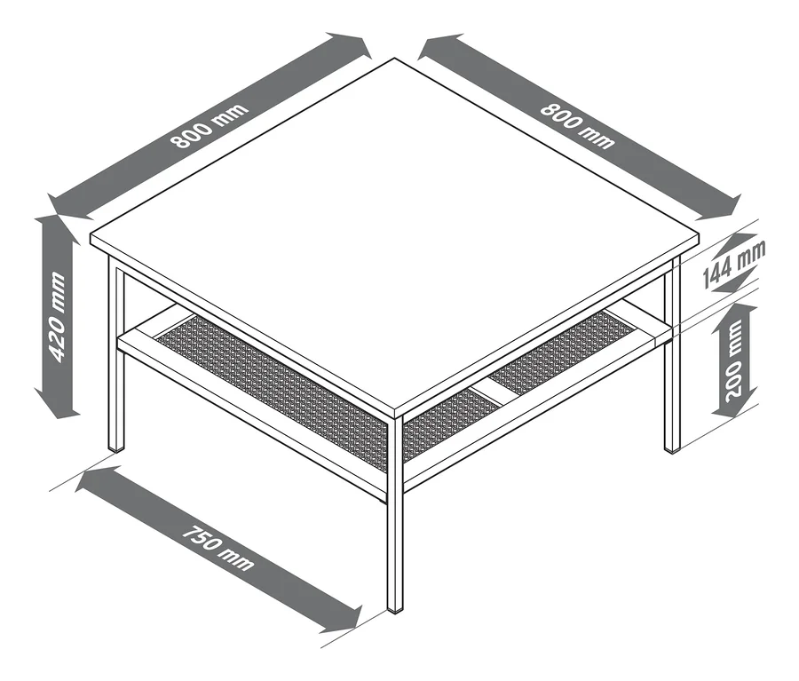 Illustration eines Couchtischs, geflochten, mit Maßangaben.