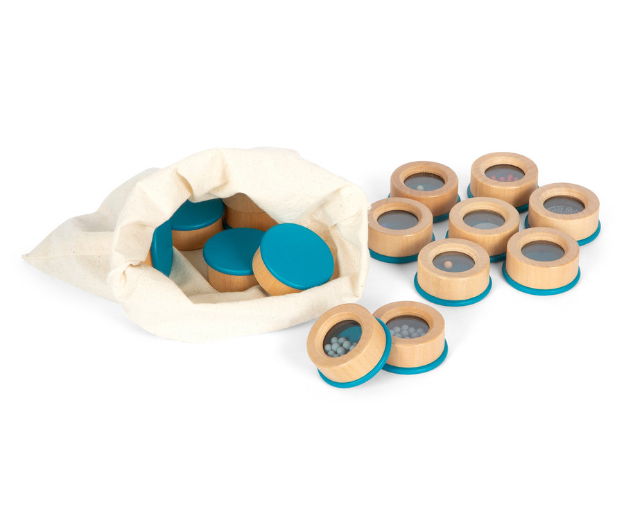 small foot Hör- und Fühl-Memo »Sensory« Spielzeug mit Stoffbeutel und Holzwalzen mit farbigen Deckeln und transparenten Fenstern.