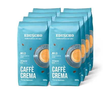 Sechs hellblaue Eduscho Caffè Crema Kaffeepackungen mit ganzen Bohnen, je 1000g, mit mildem Geschmack und Kaffeetasse-Design.
