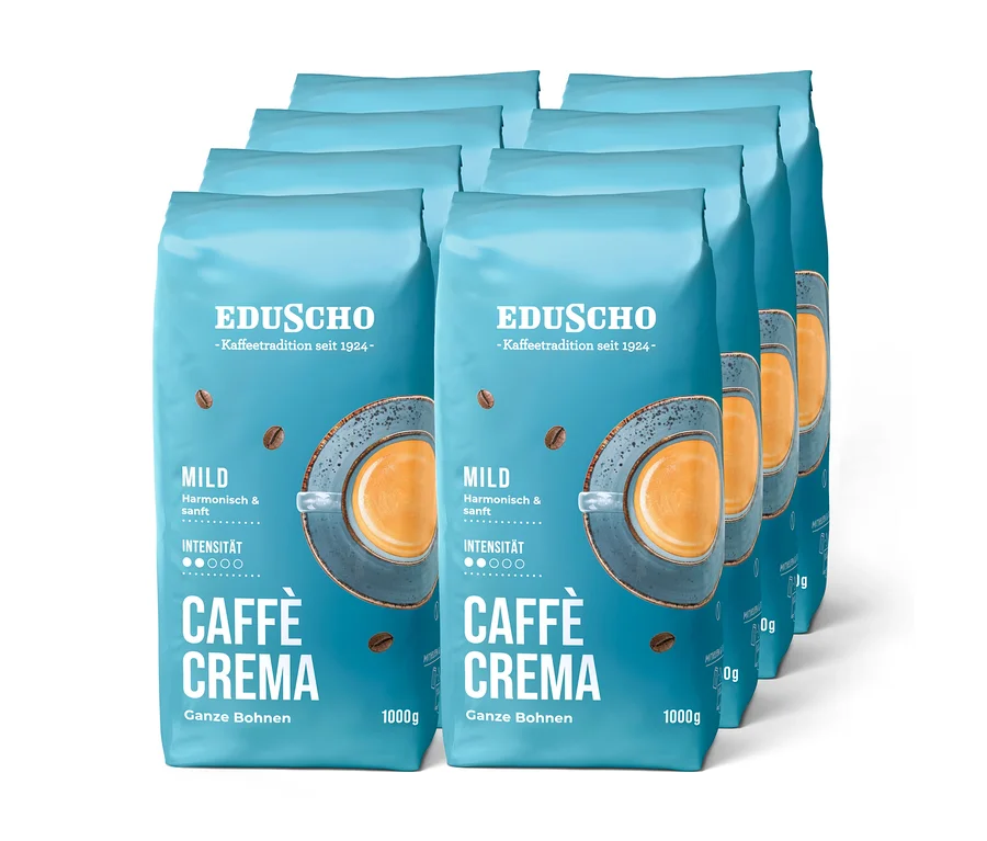 Sechs hellblaue Eduscho Caffè Crema Kaffeepackungen mit ganzen Bohnen, je 1000g, mit mildem Geschmack und Kaffeetasse-Design.