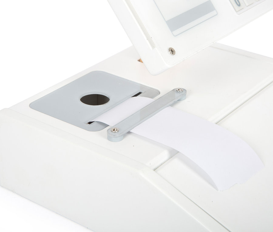 Detailansicht einer weißen small foot Kasse »fresh« mit grauem Pad und Papierausgabe.