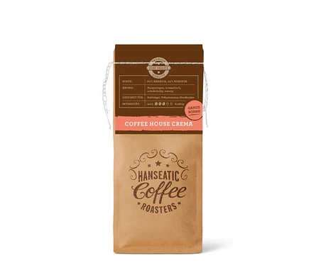 Braune Kaffeepackung Hanseatic Coffee House Caffè Crema mit Aufschrift „Ganze Bohne“, 80% Arabica, 20% Robusta und Geschmacksnoten.