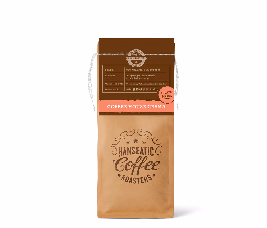 Braune Kaffeepackung Hanseatic Coffee House Caffè Crema mit Aufschrift „Ganze Bohne“, 80% Arabica, 20% Robusta und Geschmacksnoten.
