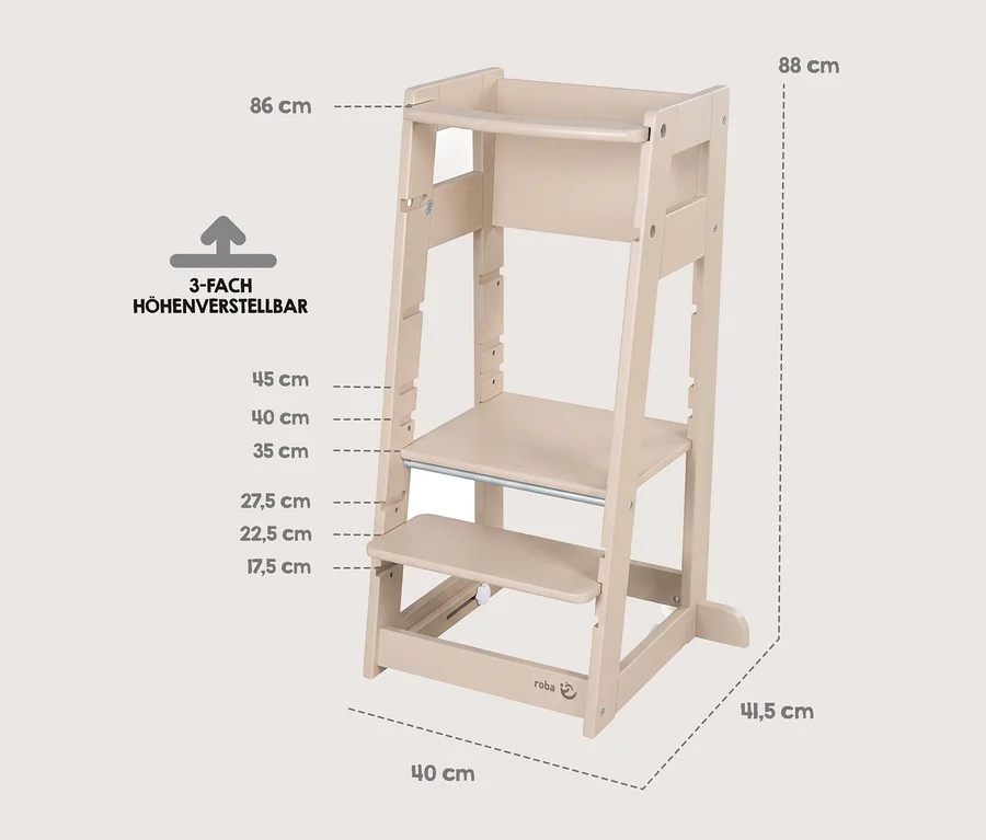 Heller, 3-fach höhenverstellbarer Lernturm aus Holz, 88 cm hoch, 40 cm breit, 41,5 cm tief. Die Plattformen sind auf 45, 40, 35 cm und 27,5, 22,5, 17,5 cm einstellbar. Marke Roba.
