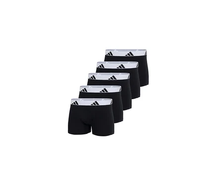 Fünf schwarze adidas Active Flex Cotton Slipboxer mit weißem Bund und schwarzem adidas Logo, diagonal angeordnet.