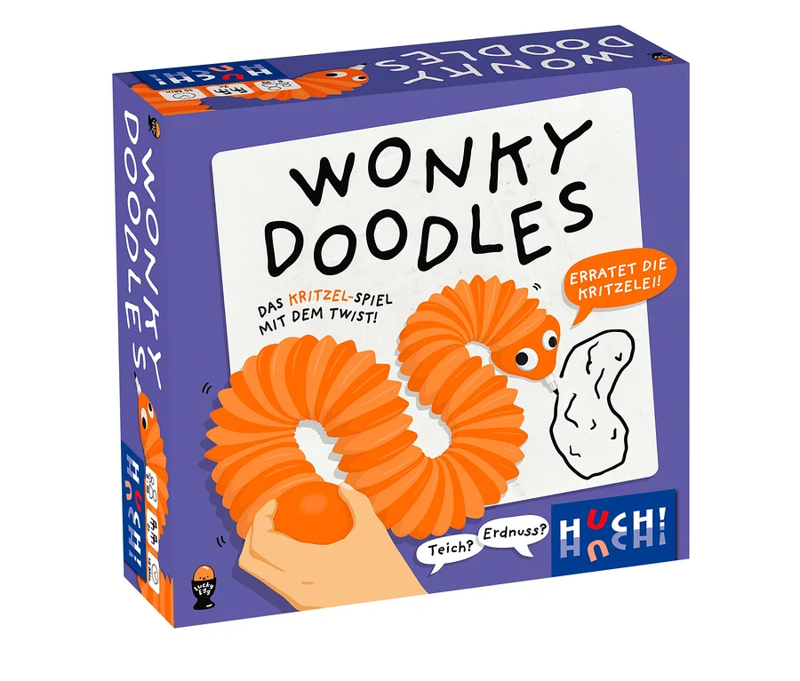 Eine lila Spieleschachtel mit dem Titel „WONKY DOODLES“ ist schräg abgebildet. Die Vorderseite zeigt ein orangefarbenes, wurmartiges Wesen mit Kulleraugen, das eine Acht bildet. Eine Cartoon-Hand hält ein Ende des Wesens und einen orangefarbenen Ball, während das andere Ende einen weißen Klecks auf weißem Hintergrund zeichnet. Sprechblasen zeigen „ERRATET DIE KRITZELEI!“, „Teich?“, „Erdnuss?“. Der Text „DAS KRITZEL-SPIEL MIT DEM TWIST!“ und die Marke „HUCH!“ sind ebenfalls sichtbar.