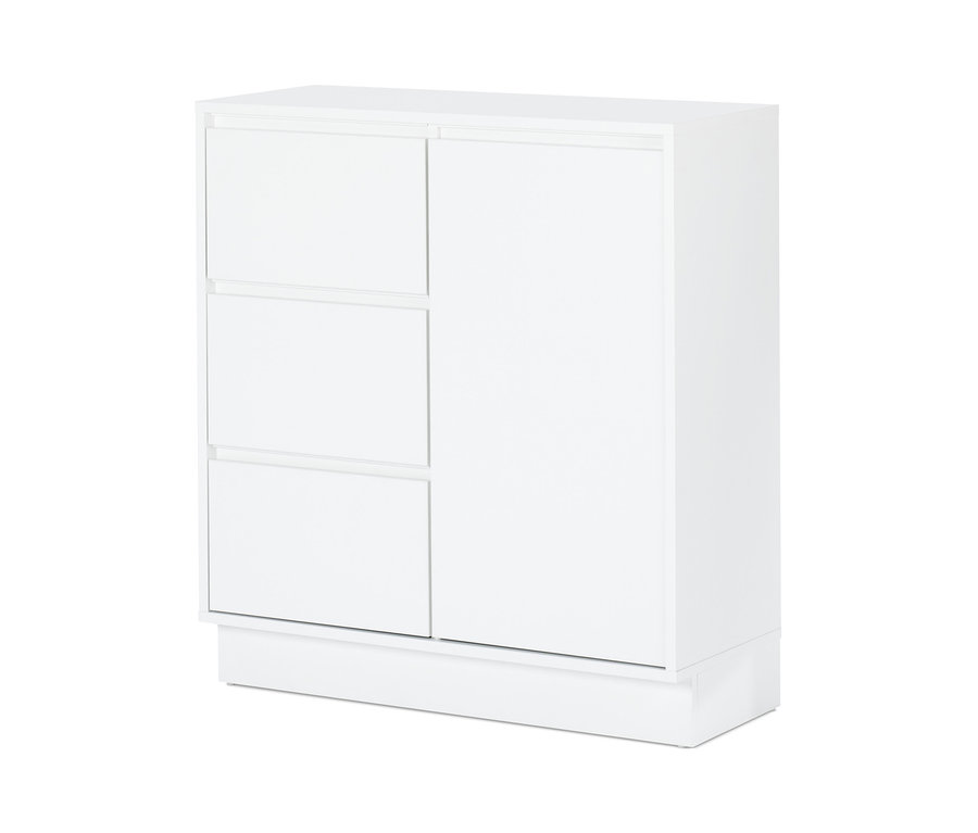 Weißes Bad-Sideboard mit einer Tür und drei Schubladen.