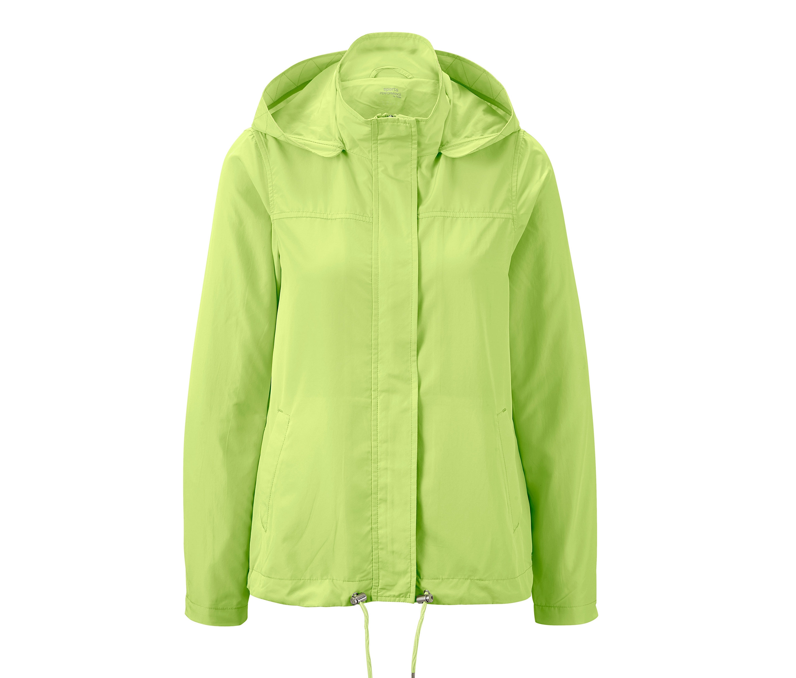 Eine hellgrüne Lightweight-Laufjacke mit Kapuze.