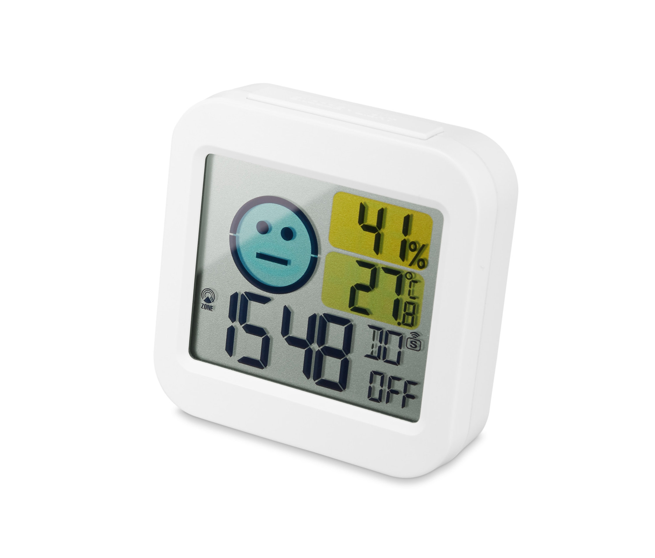 Ein weißes digitales Hygro- und Thermometer zeigt 41 % Luftfeuchtigkeit, 27,8 Grad Celsius und die Uhrzeit 15:48 an.
