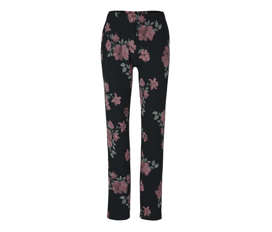 Schwarze Pyjamahose mit Blumenmuster.