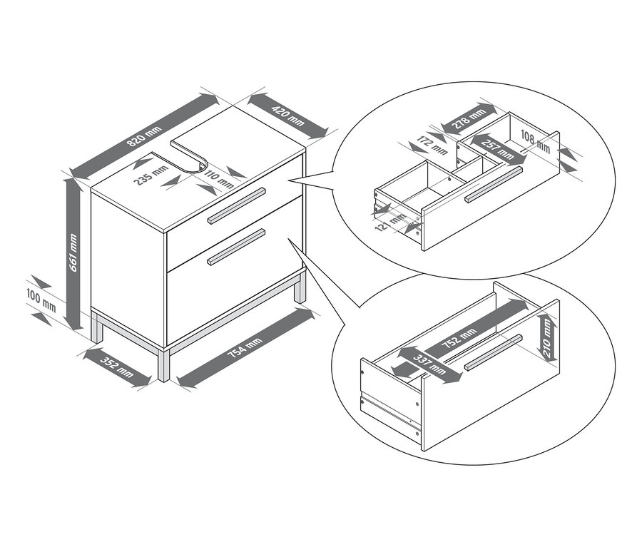 Skizze eines weißen »Eklund« Waschbeckenunterschranks mit zwei Schubladen und den dazugehörigen Maßen.
