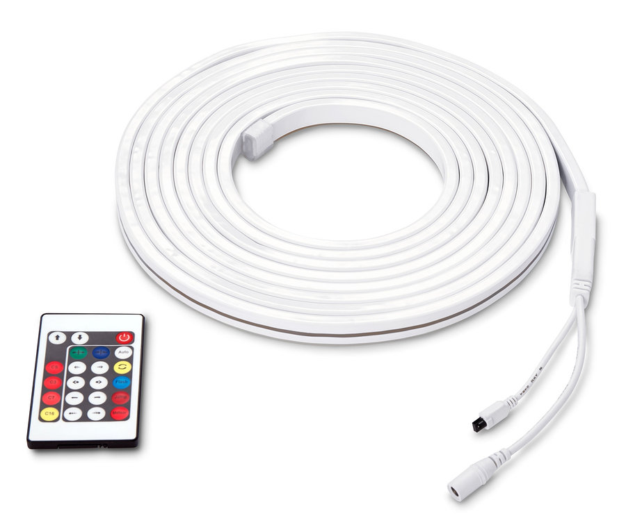 Ein aufgerollter LED-Leuchtschlauch mit Lichteffekten und eine Fernbedienung.