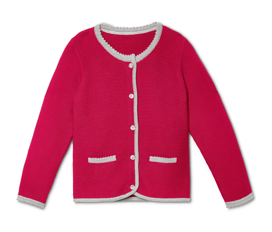 Eine rote Strickjacke im Trachtenlook mit dekorativen Details.