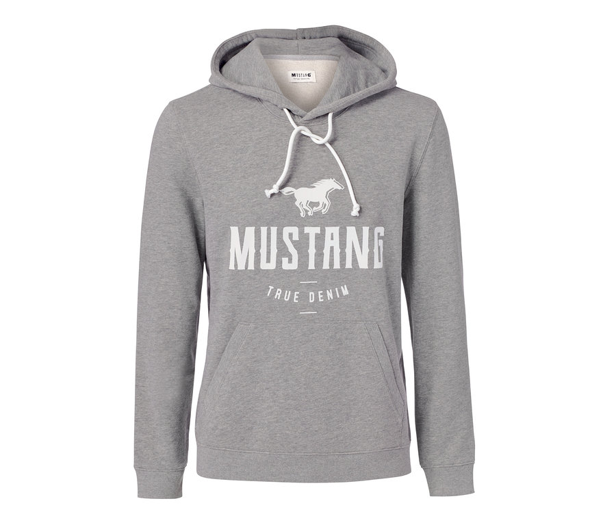 Ein grauer Mustang Hoodie mit einem weißen Pferde-Logo und Schriftzug.