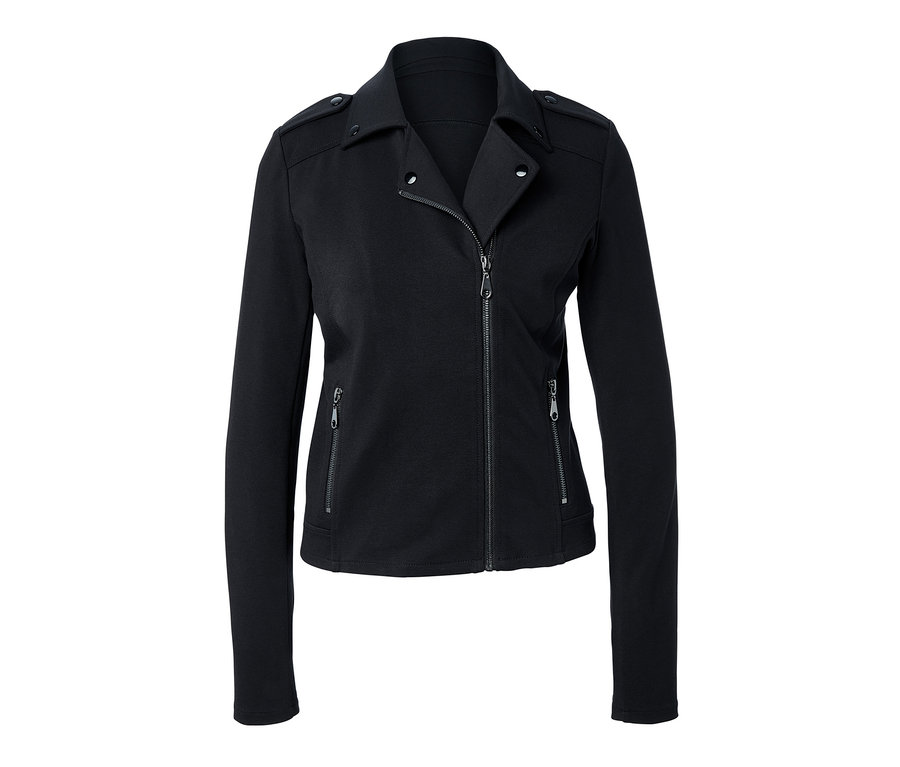 Schwarze Sweat-Bikerjacke mit langen Ärmeln und Reißverschluss.