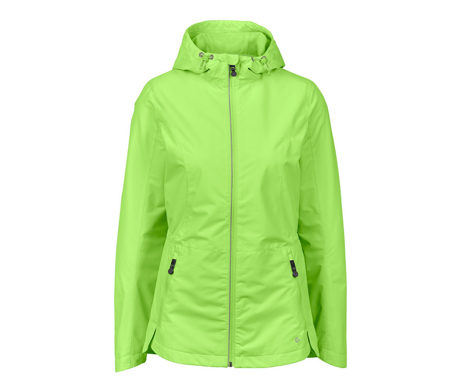 Grüne Windprotection-Laufjacke mit Kapuze und Reißverschluss in der Mitte.