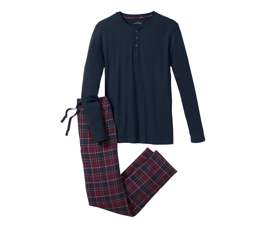 Marineblauer Flanell-Pyjama mit karierter Hose.