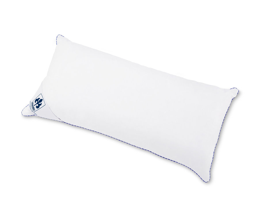 Ein weißes irisette® Visco-3-Kammerkissen mit Daunen und Federn auf einem weißen Hintergrund.
