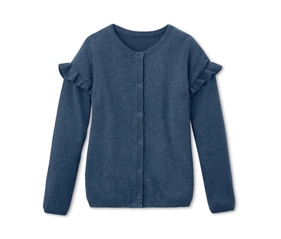 Blaue Strickjacke mit Rüschen an den Schultern.