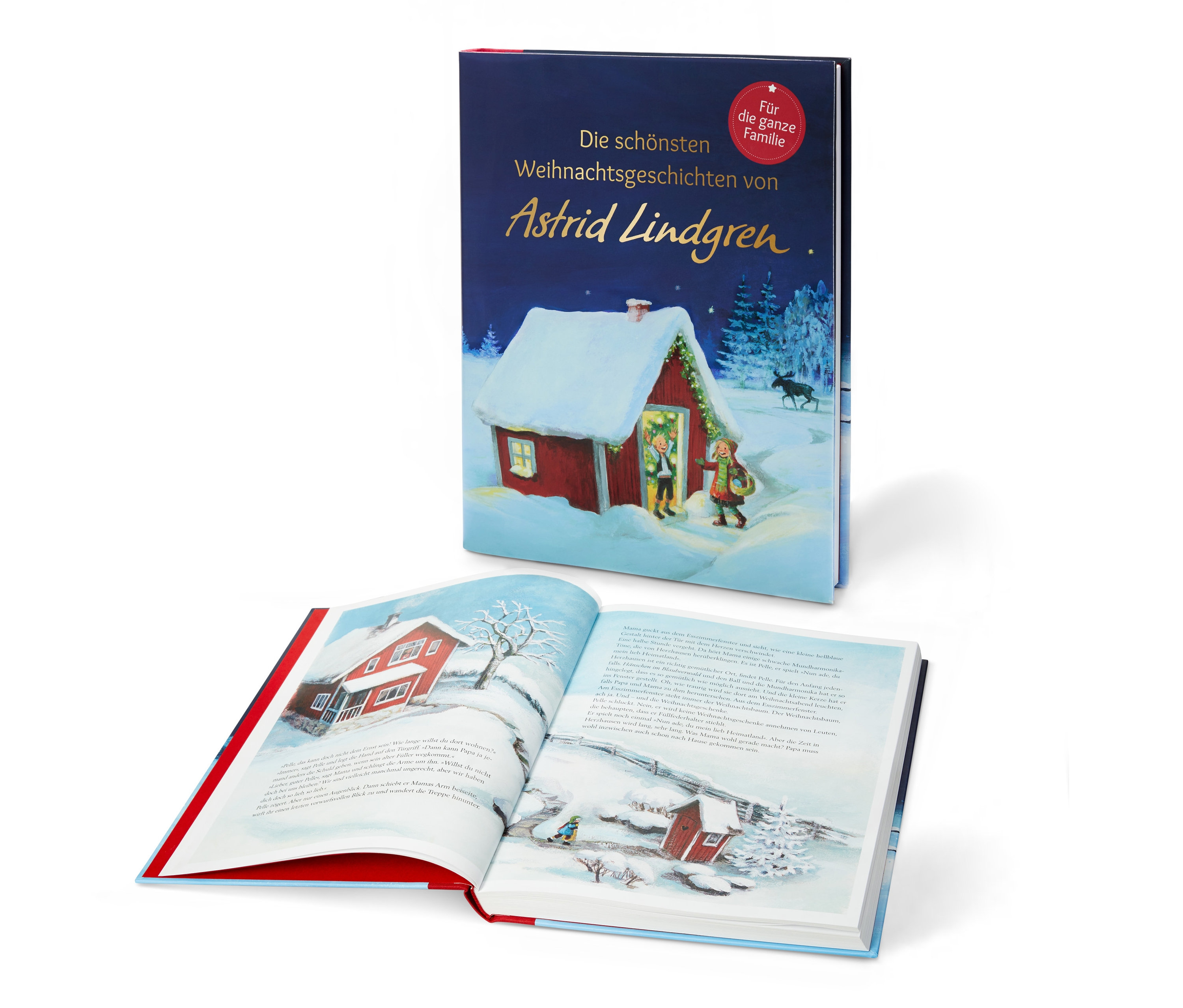 Ein aufgeschlagenes Buch und dahinter das Buch 'Die schönsten Weihnachtsgeschichten von Astrid Lindgren'.