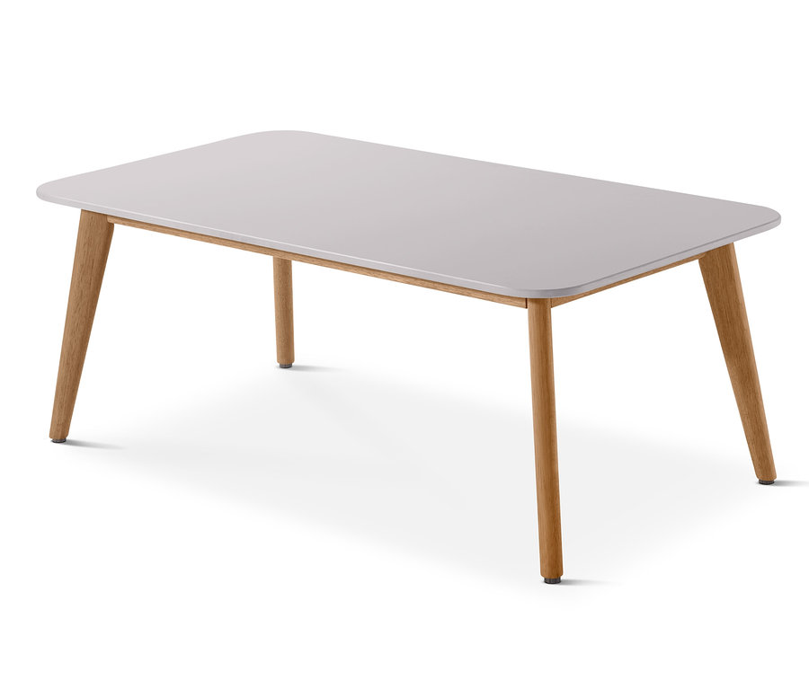 Couchtisch, 60 x 110 cm, mit einer weißen Tischplatte und Holzbeinen.