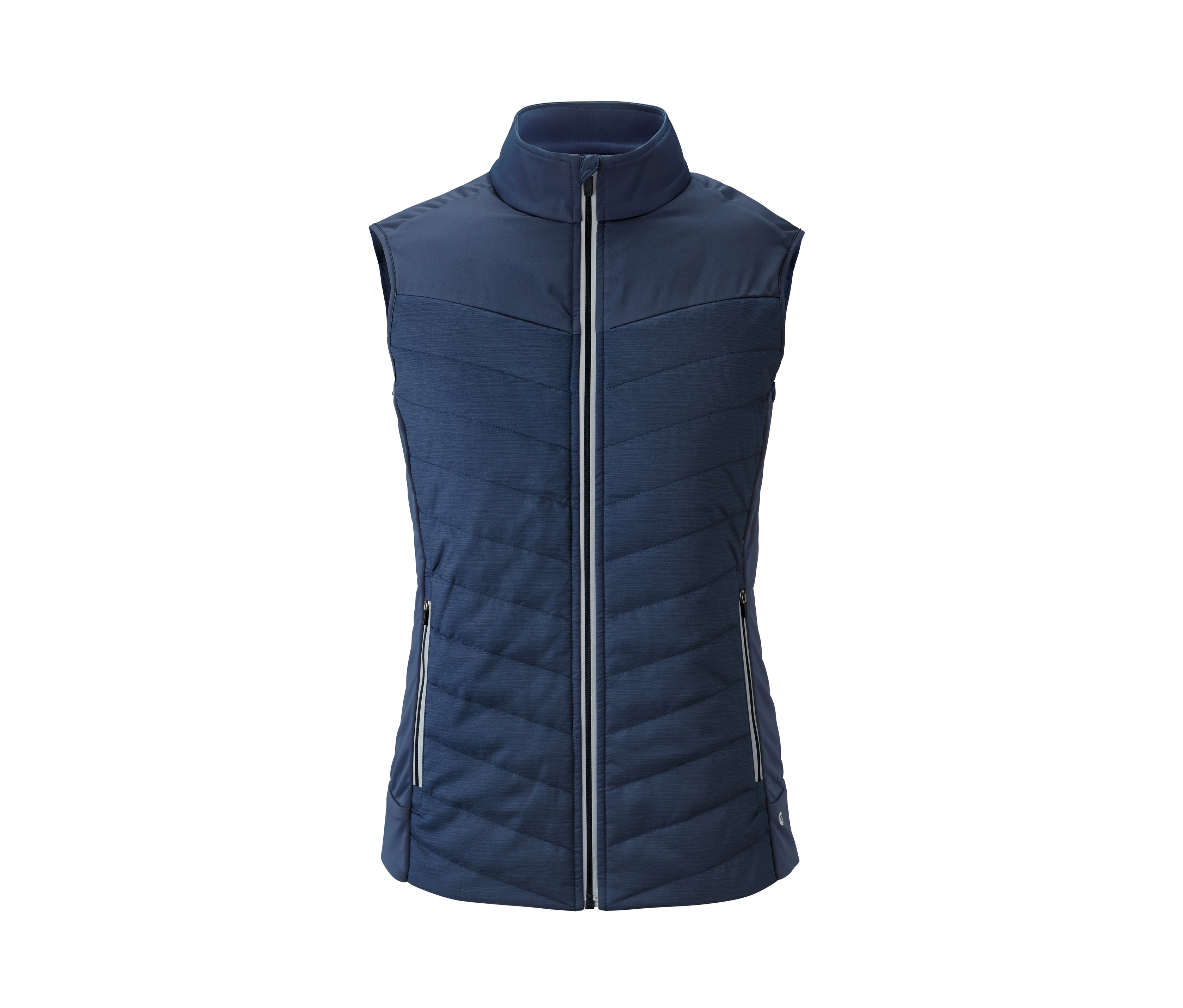 Eine marineblaue Thermo-Steppweste mit durchgehendem Reißverschluss.