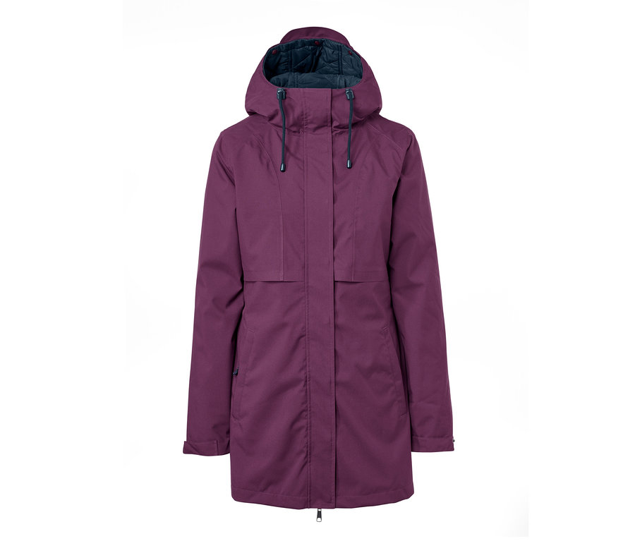 Lila 3-in-1-Funktions-Outdoormantel mit Reißverschluss.