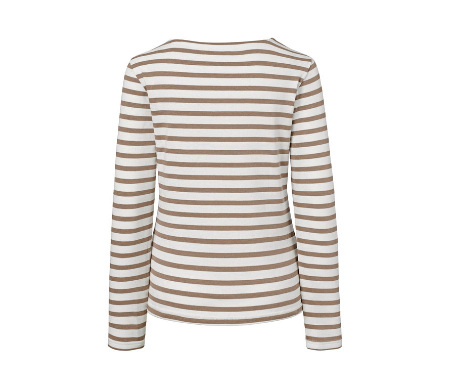 Rückansicht des Langarmshirts aus Bio-Baumwolle, beige-weiß.