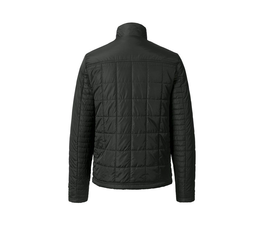 Detailansicht der Rückseite einer olivgrünen Steppjacke.