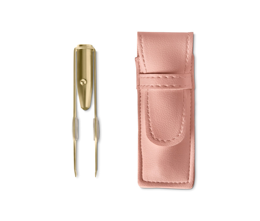 Goldene Pinzette mit LED-Beleuchtung neben rosa Etui.