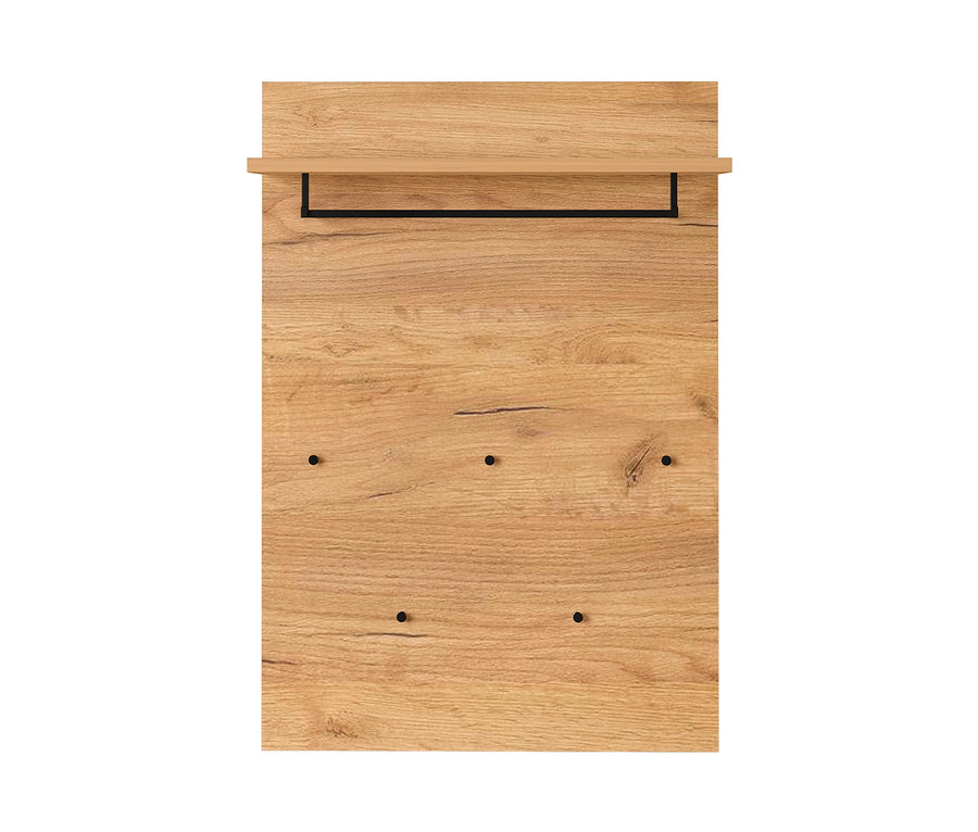 Garderobenpaneel »Fremont« aus braunem Holz mit sechs schwarzen Haken und einem Regal.