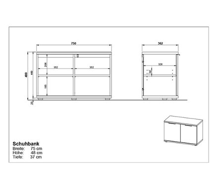 Diagramme der Germania Schuhbank »GW-FREMONT« mit Abmessungen.