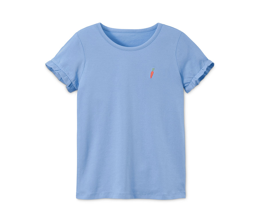 Blaues T-Shirt mit Rüschenärmeln und Karotten-Motiv. 2 T-Shirts