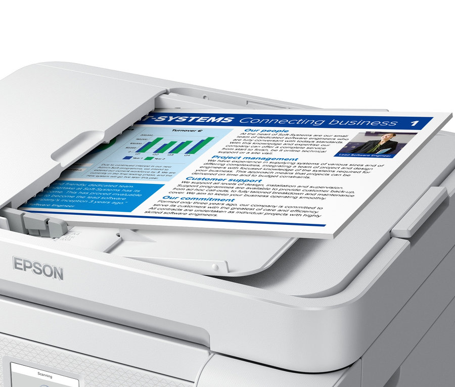 Weißer Epson Multifunktionsdrucker mit Dokument mit Diagrammen innen.