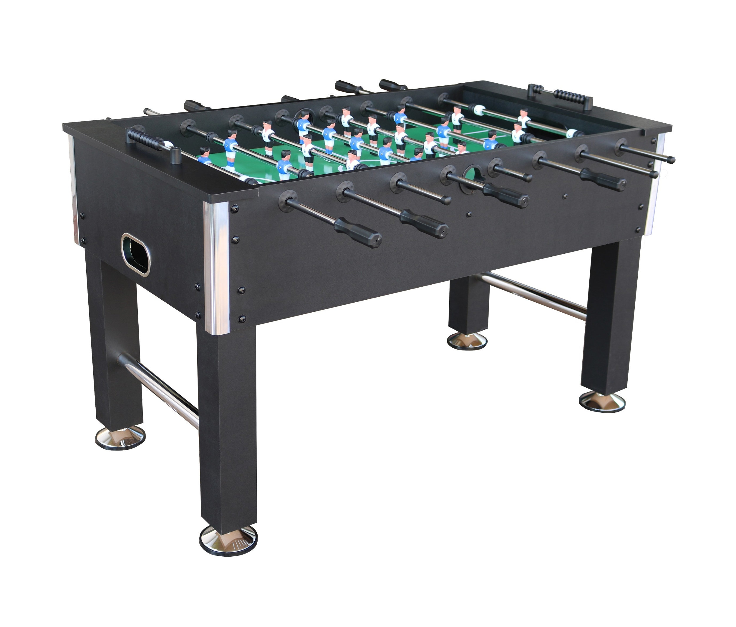 Detailansicht des L.A. Sports Kickertisch "Liverpool" mit schwarzem Rahmen und verchromten Beinen.