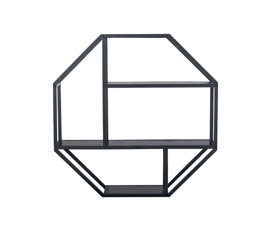 Schwarzes Wandregal in Form eines Achtecks.