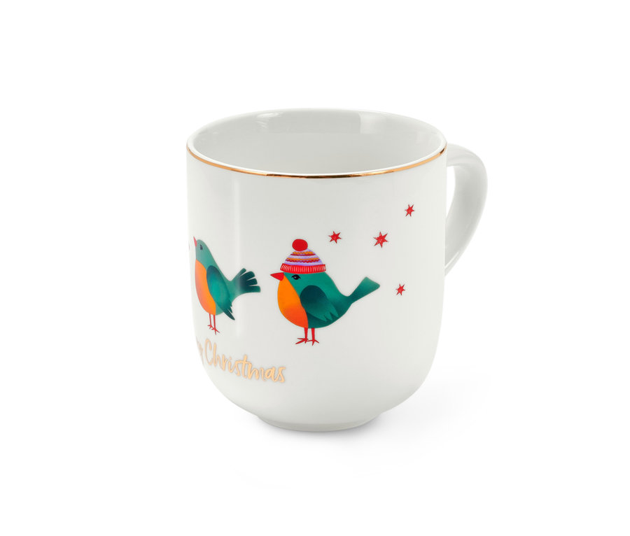 Jumbobecher mit Glanzgolddekor, Vogelmotiv.