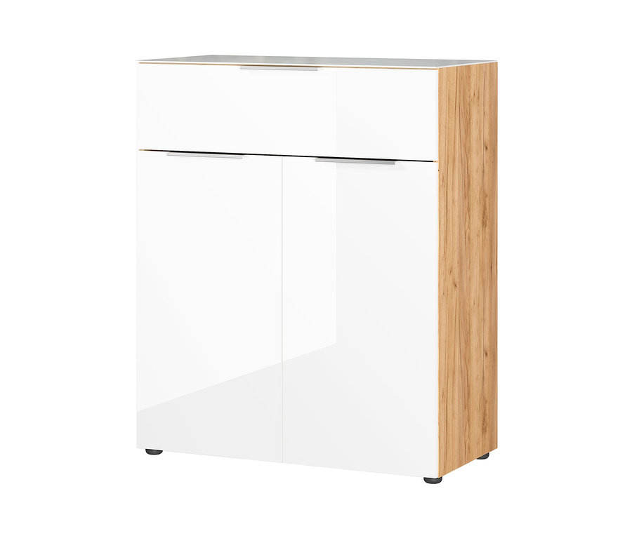 Germania-Kommode »Oakland 3696« mit weißen Hochglanztüren und Holz-Seiten.