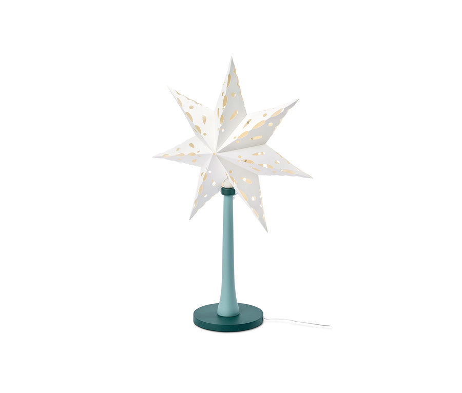 LED-Papierstern mit Holzfuß.