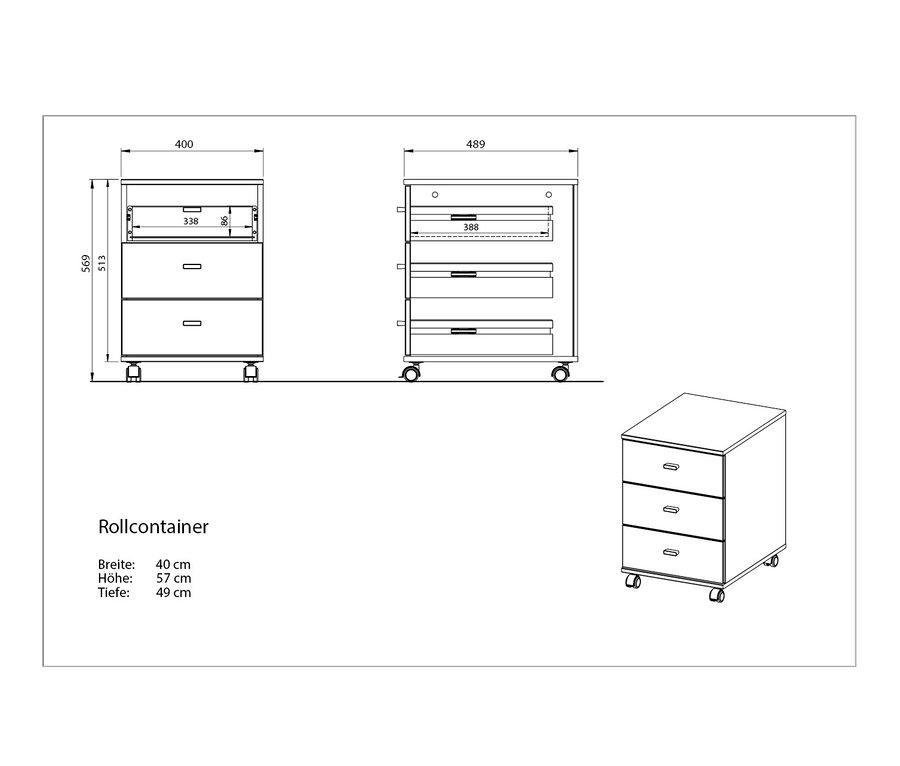 Abmessungsskizze des Rollcontainers »ALTINO«.