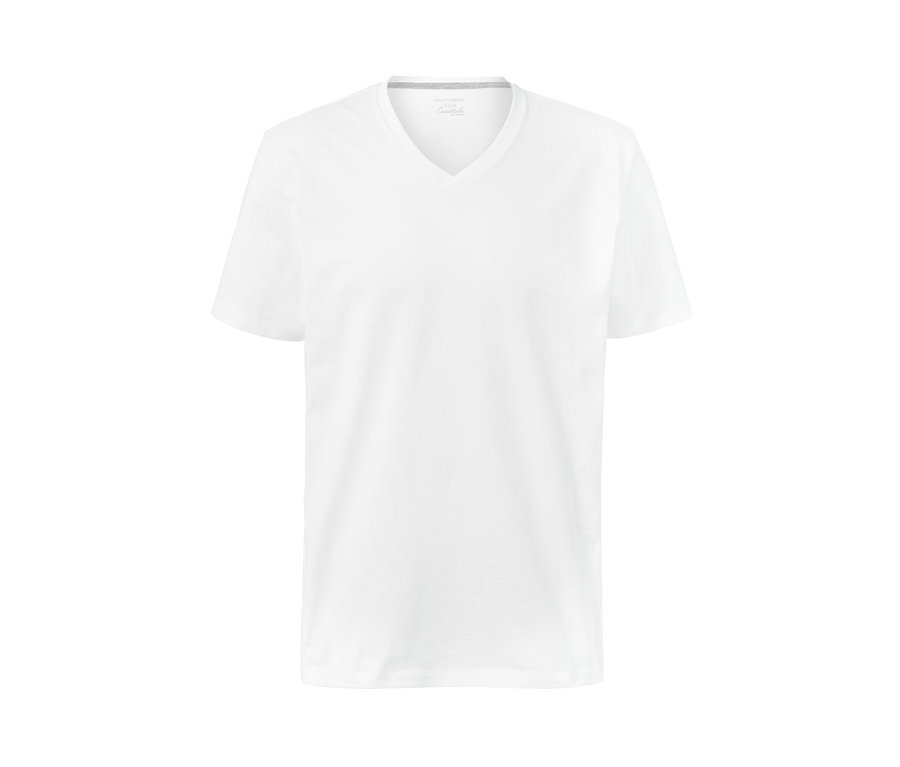 Weißes T-Shirt mit kurzen Ärmeln und V-Ausschnitt.