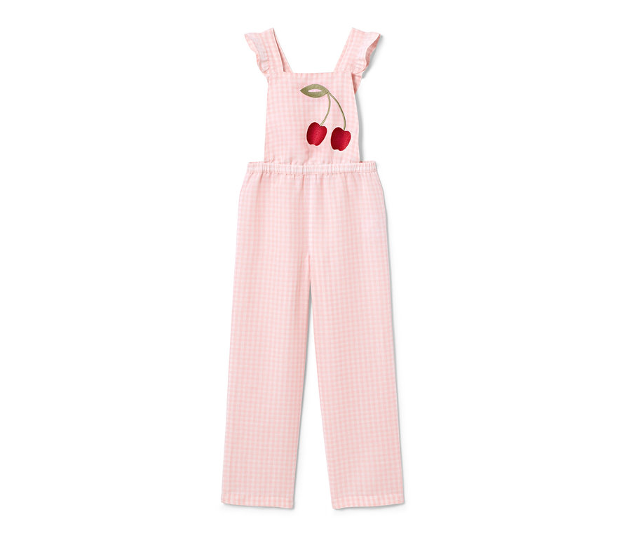 Rosa karierter Jumpsuit mit Leinen und Kirschen.